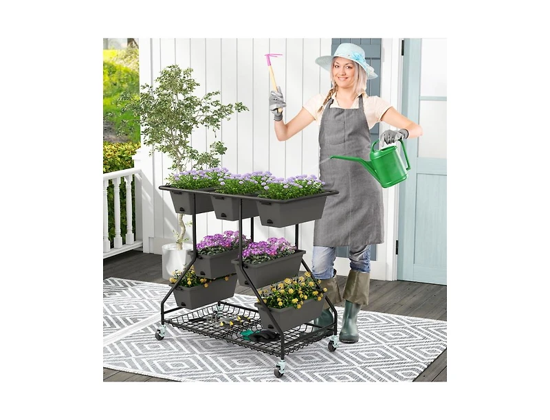 Slickblue Vertical Raised Garden Bed with 7 Planter Boxes and Storage Baskets-Black