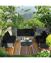 Slickblue 7 Pieces Outdoor Sectional Wicker Patio Furniture Sofa Set with Tempered Glass Top and Softy Cushions-Black