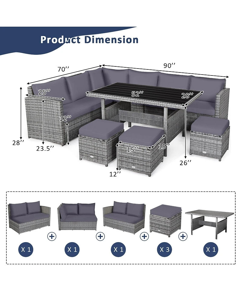 7 Pieces Patio Rattan Dining Furniture Sectional Sofa Set with Wicker Ottoman-Grey