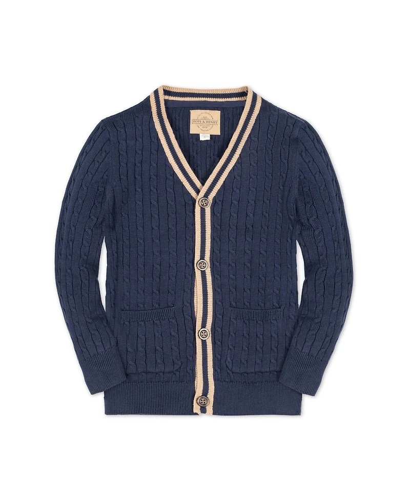 Hope & Henry Boys Organic Long Sleeve Cable Knit Cardigan Sweater with Stripe Trim