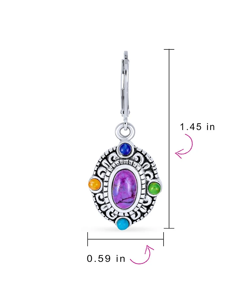 Bling Jewelry Western Style Multicolor Purple Natural Turquoise Oval Framed Dangle Lever Back Earrings Oxidized Sterling Silver