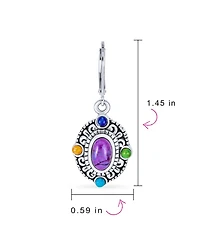 Bling Jewelry Western Style Multicolor Purple Natural Turquoise Oval Framed Dangle Lever Back Earrings Oxidized Sterling Silver