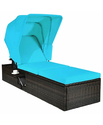 Slickblue Chaise Cushioned Top Canopy Patio Rattan Lounge Chair with Tea Table