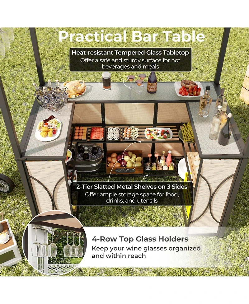 Slickblue 3-Piece Patio Bar Set Grill Gazebo & 2 Stools with Tempered Glass Table