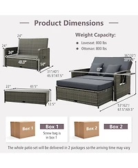 Patio Wicker Loveseat Sofa with Multipurpose Ottoman and Retractable Side Tray