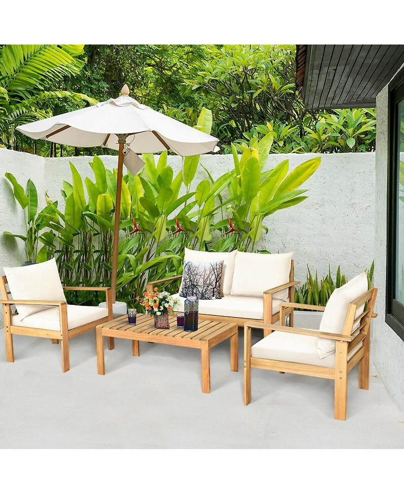 Skonyon Outdoor 4 Pieces Acacia Wood Chat Set with Water Resistant Cushions