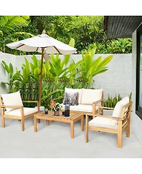 Skonyon Outdoor 4 Pieces Acacia Wood Chat Set with Water Resistant Cushions