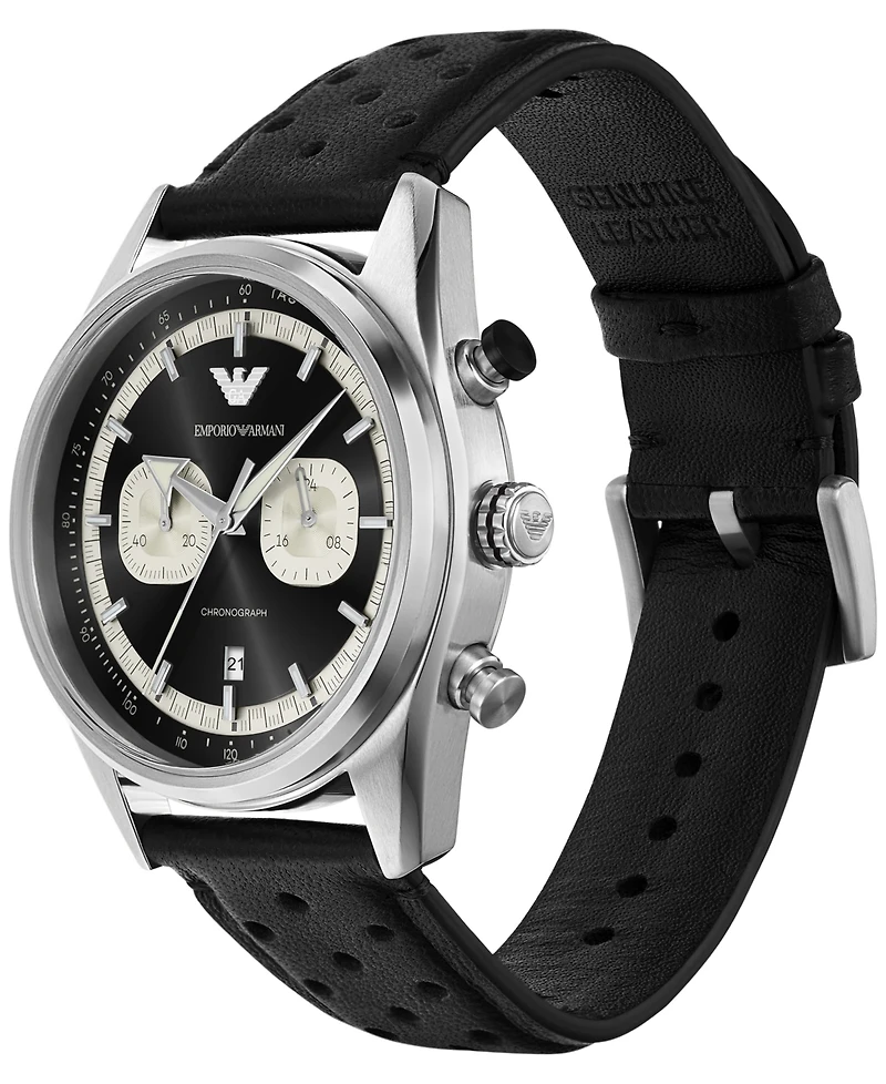 Emporio Armani Men's Chronograph Black Perforated Leather Strap Watch 42mm