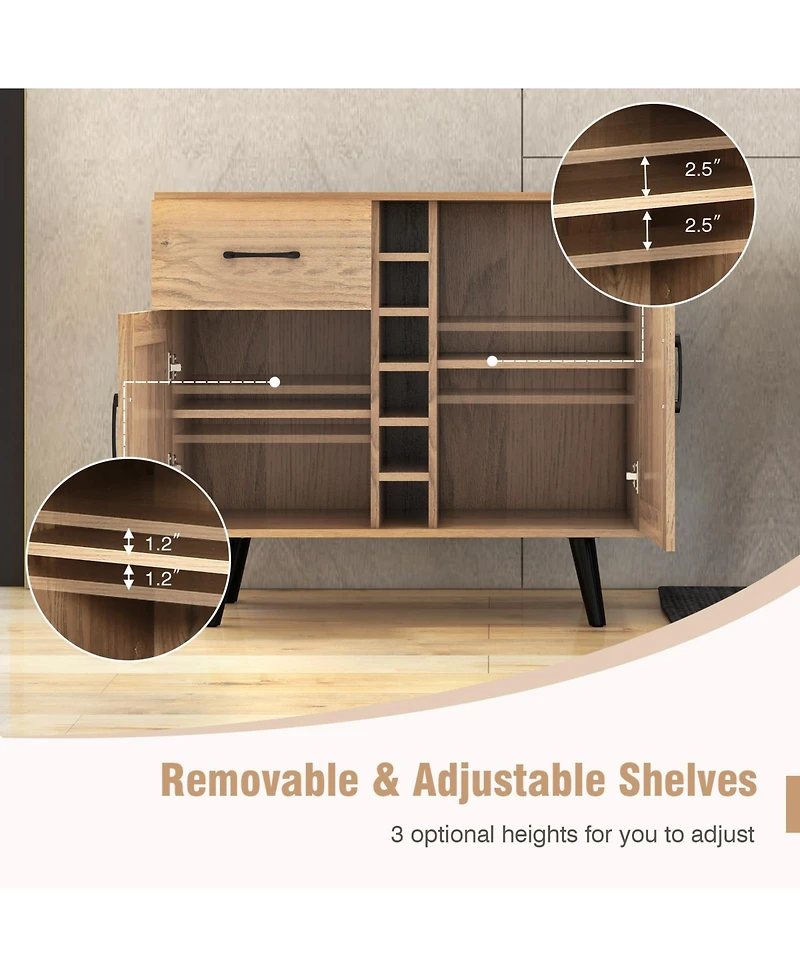 2-Door Wine Bar Cabinet Kitchen Sideboard Buffet with Drawer & Adjustable Shelves