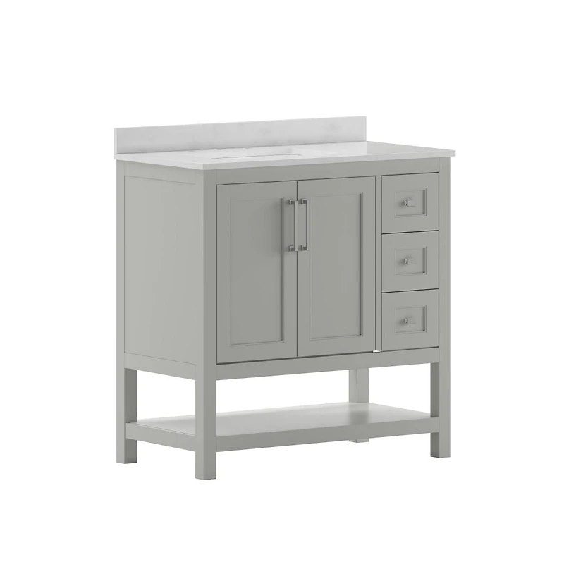Merrick Lane Vigo Bathroom Vanity With Ceramic Sink, Carrara Marble Finish Countertop, Storage Cabinet With Soft Close Doors, Open Shelf And 3 Drawers