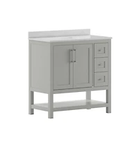 Merrick Lane Vigo Bathroom Vanity With Ceramic Sink, Carrara Marble Finish Countertop, Storage Cabinet With Soft Close Doors, Open Shelf And 3 Drawers