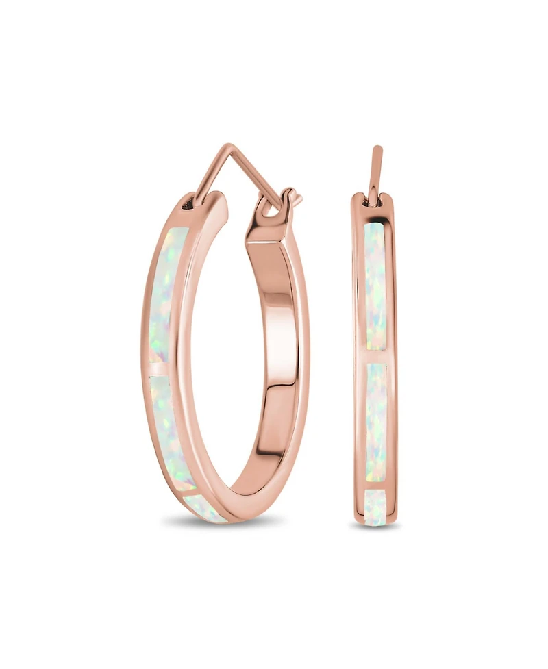 Bling Jewelry Created White Blue Opal Inlay Thin Flat Tube Large Hoop Earrings Rose Gold .925 Sterling Silver