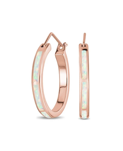 Bling Jewelry Created White Blue Opal Inlay Thin Flat Tube Large Hoop Earrings Rose Gold .925 Sterling Silver