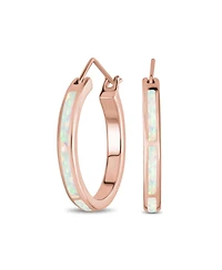 Bling Jewelry Created White Blue Opal Inlay Thin Flat Tube Large Hoop Earrings Rose Gold .925 Sterling Silver