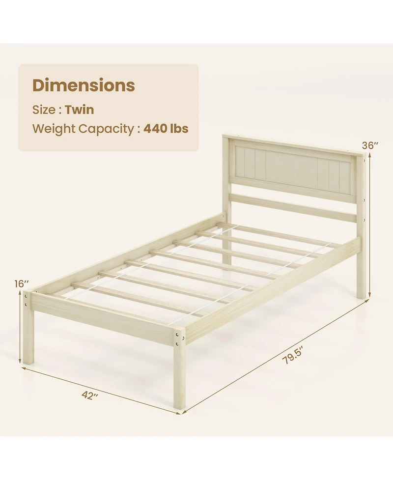 Sugift Twin Size Wooden Bed Frame with Headboard and Slat Support