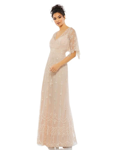 Mac Duggal Women's V Neck Flounce Sleeve Embellished Mesh Gown