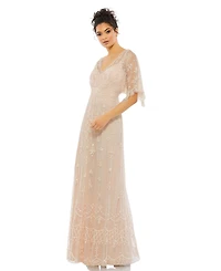 Mac Duggal Women's V Neck Flounce Sleeve Embellished Mesh Gown