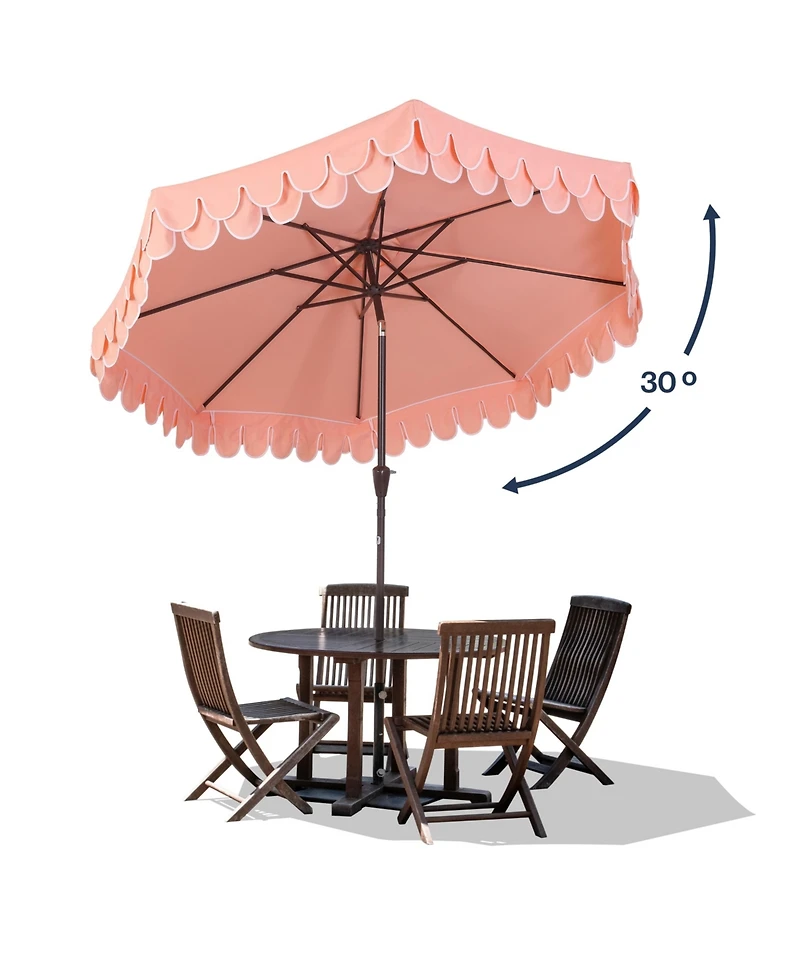 Jonathan Y Tracy 9 ft. Classic MidCentury Scalloped Fringe Market Patio Umbrella with Auto-Tilt Crank, Wind Vent and Uv Protection in Coral