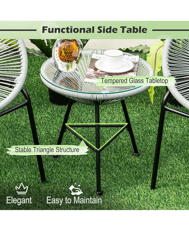 3PCS Patio Acapulco Furniture Bistro Set Plastic Rope Glass Table