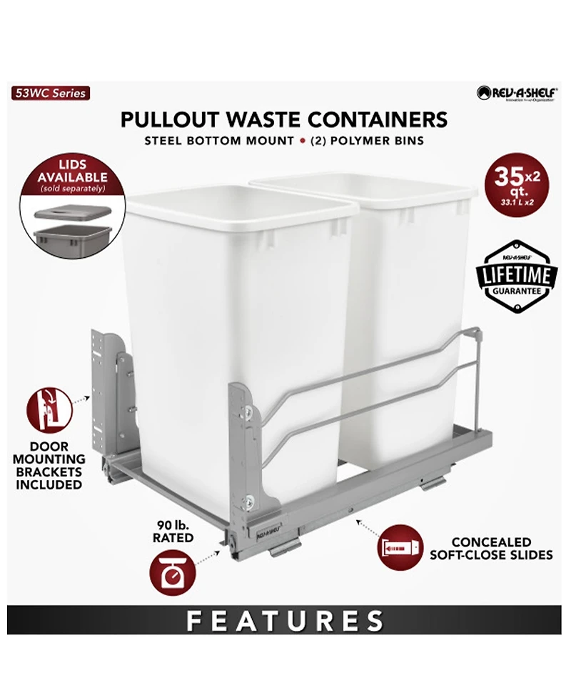 Rev-a-Shelf Double Pull Out Trash Can 35 Qt with Soft-Close, 53WC-1835SCDM-211