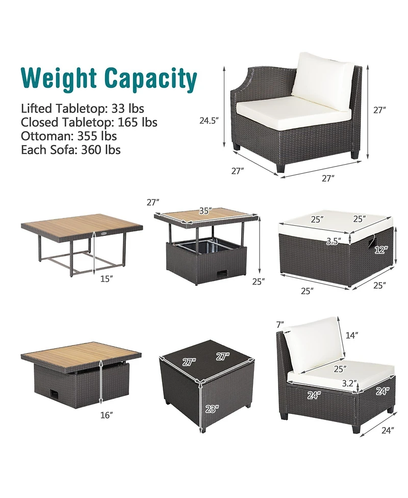 Slickblue 7 Pieces Hand-Woven Wicker Outdoor Furniture Set with Acacia Wood Coffee Table-White