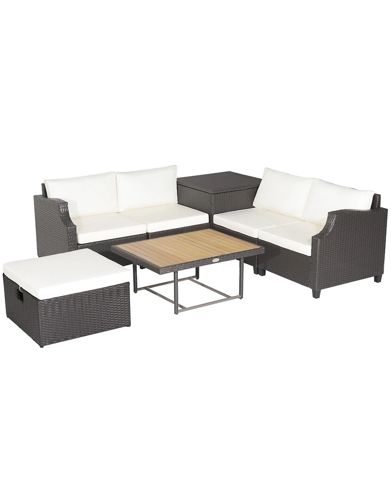 Slickblue 7 Pieces Hand-Woven Wicker Outdoor Furniture Set with Acacia Wood Coffee Table-White