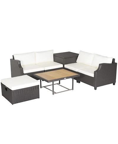 Slickblue 7 Pieces Hand-Woven Wicker Outdoor Furniture Set with Acacia Wood Coffee Table-White