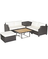 Slickblue 7 Pieces Hand-Woven Wicker Outdoor Furniture Set with Acacia Wood Coffee Table-White