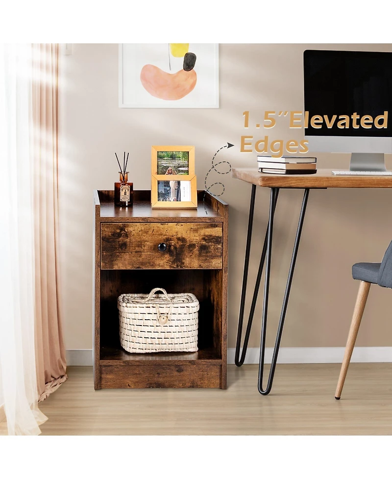 Set of 2 Nightstand with Drawer Cabinet End Side Table Raised Top