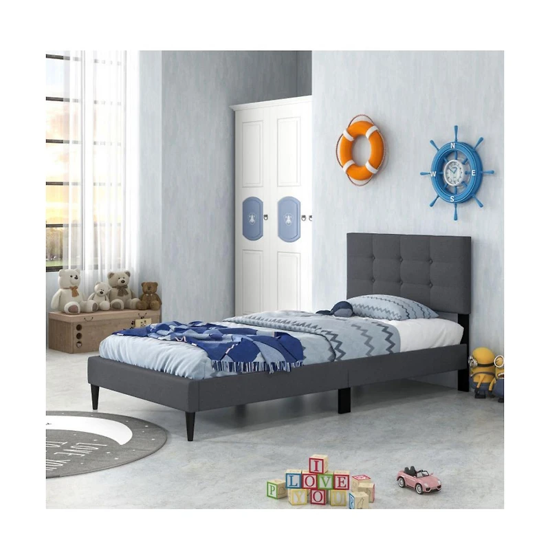 Sugift Twin Size Upholstered Platform Bed with with Button Tufted Linen Fabric Headboard