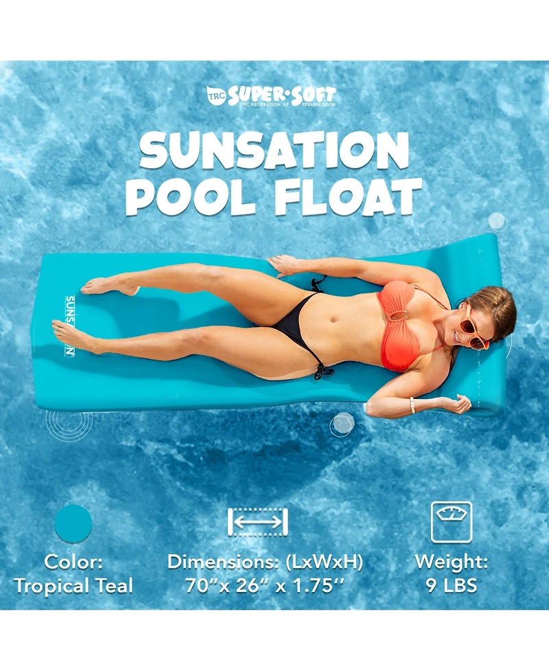 Trc Recreation Sunsation 1.75" Thick Foam Lounger Raft Pool Float, Tropical Teal