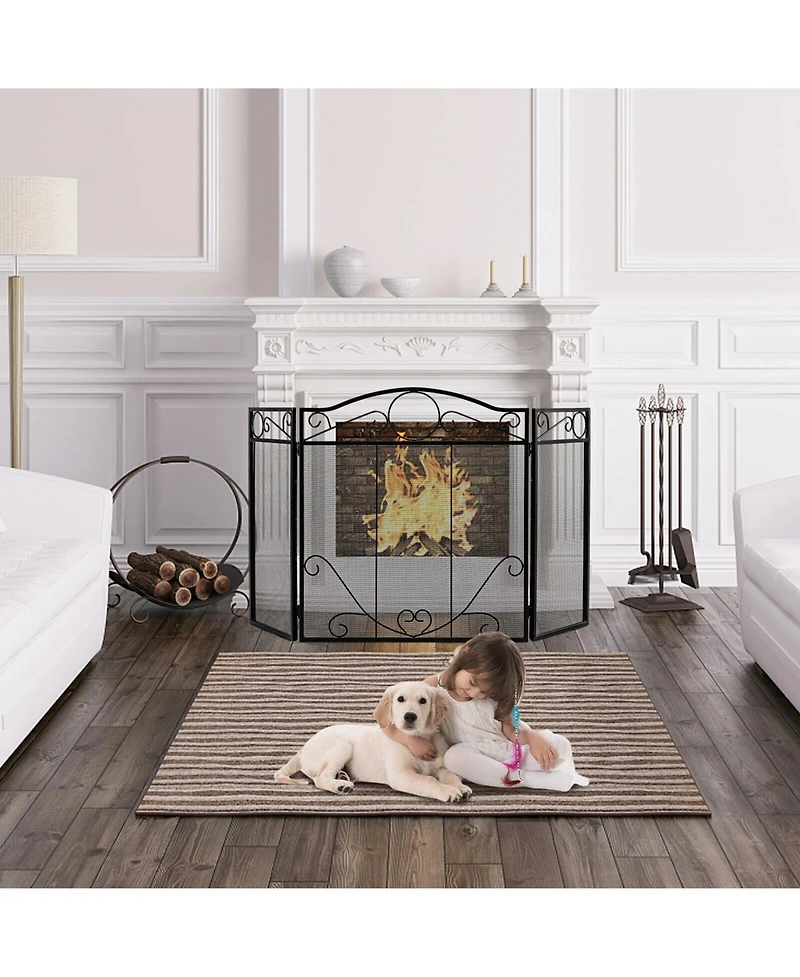 3-Panel Freestanding Fireplace Screen Folded Fire Doors