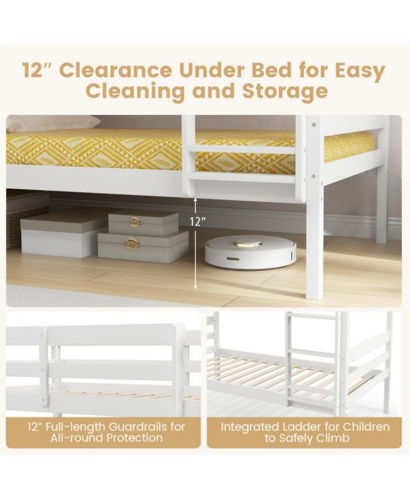 Sugift Solid Wood Twin Over Bunk Bed Frame with High Guardrails and Integrated Ladder