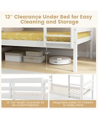 Sugift Solid Wood Twin Over Bunk Bed Frame with High Guardrails and Integrated Ladder