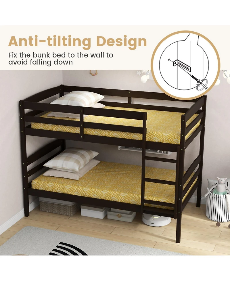 Sugift Solid Wood Twin Over Bunk Bed Frame with High Guardrails and Integrated Ladder