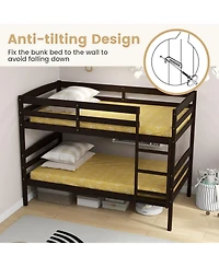 Sugift Solid Wood Twin Over Bunk Bed Frame with High Guardrails and Integrated Ladder