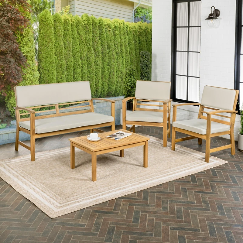 Jonathan Y Barclay 4-Piece Modern Coastal Acacia Wood Conversation Outdoor Patio Set with Cushions, Orange/Teak Brown