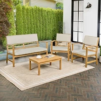 Jonathan Y Barclay 4-Piece Modern Coastal Acacia Wood Conversation Outdoor Patio Set with Cushions, Orange/Teak Brown