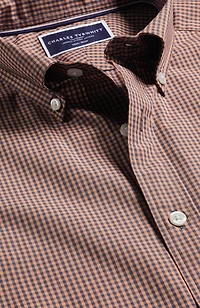 Charles Tyrwhitt Men's Slim Fit Light Button-Down Collar Non-Iron Stretch Poplin Mini Gingham Short Sleeve Shirt