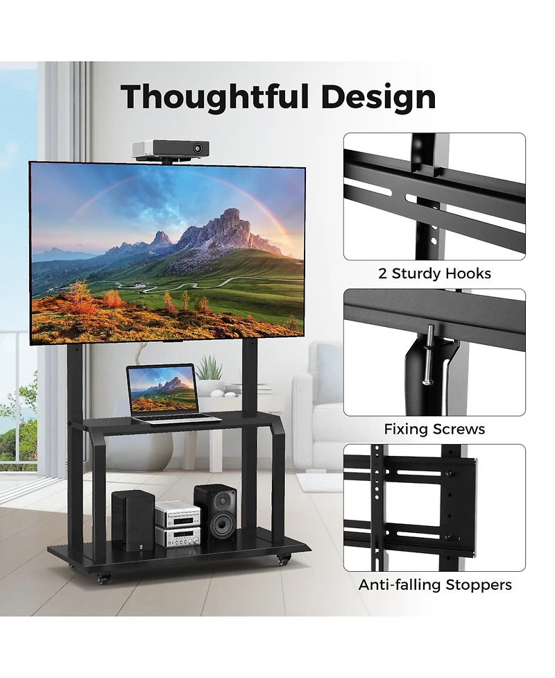 Sugift Mobile Tv Stand with Camera Shelf and Av Shelves for 32-80 Inch Flat/Curved TVs