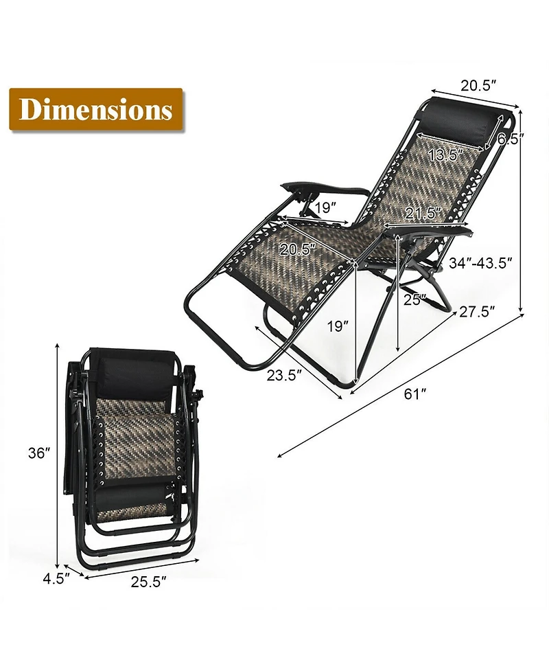 Gymax Set of 2 Folding Rattan Patio Zero Gravity Lounge Chair Recliner w/ Headrest