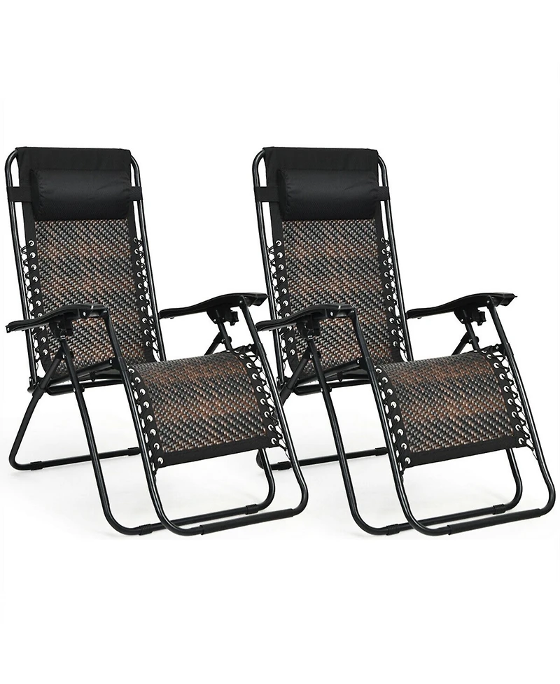Gymax Folding Set of 2 Rattan Patio Zero Gravity Lounge Chair Recliner w/ Headrest