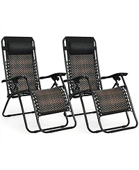 Gymax Folding Set of 2 Rattan Patio Zero Gravity Lounge Chair Recliner w/ Headrest