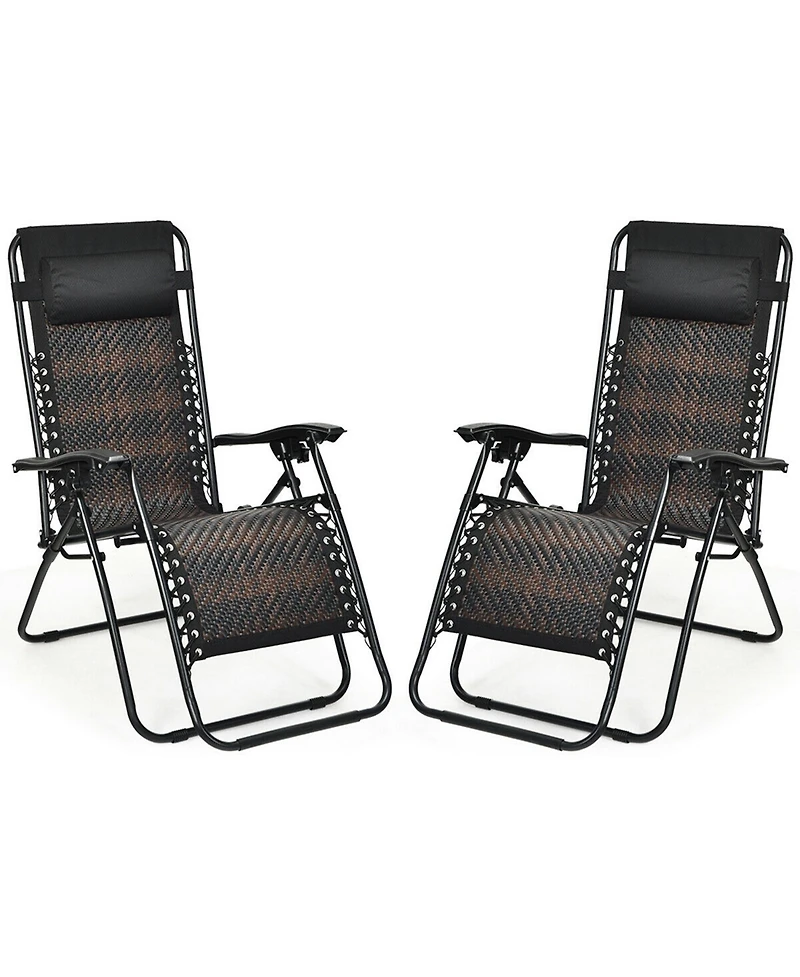 Gymax Folding Set of 2 Rattan Patio Zero Gravity Lounge Chair Recliner w/ Headrest