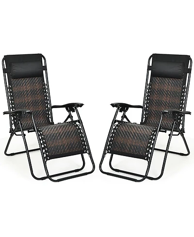 Gymax Set of 2 Folding Rattan Patio Zero Gravity Lounge Chair Recliner w/ Headrest