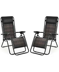 Gymax Folding Set of 2 Rattan Patio Zero Gravity Lounge Chair Recliner w/ Headrest