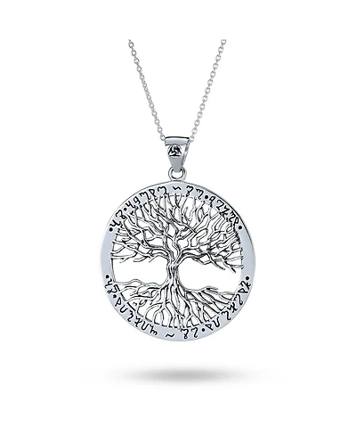 Bling Jewelry Round Circle Medallion Rune Symbols Wiccan Tree Of Life Pendant Necklace Oxidized Sterling Silver