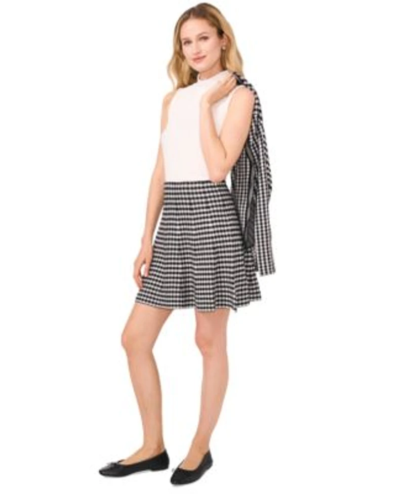 Cece Womens Gingham Cardigan Mock Neck Knit Top Mini Skirt