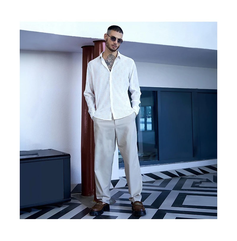 Campus Sutra Men's Chalk White Foil-Pleated Shirt