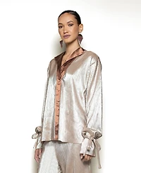 Terese Sydonna Women's Long Tie Sleeve Rose Gold Shimmer Pleated Tuxedo Top